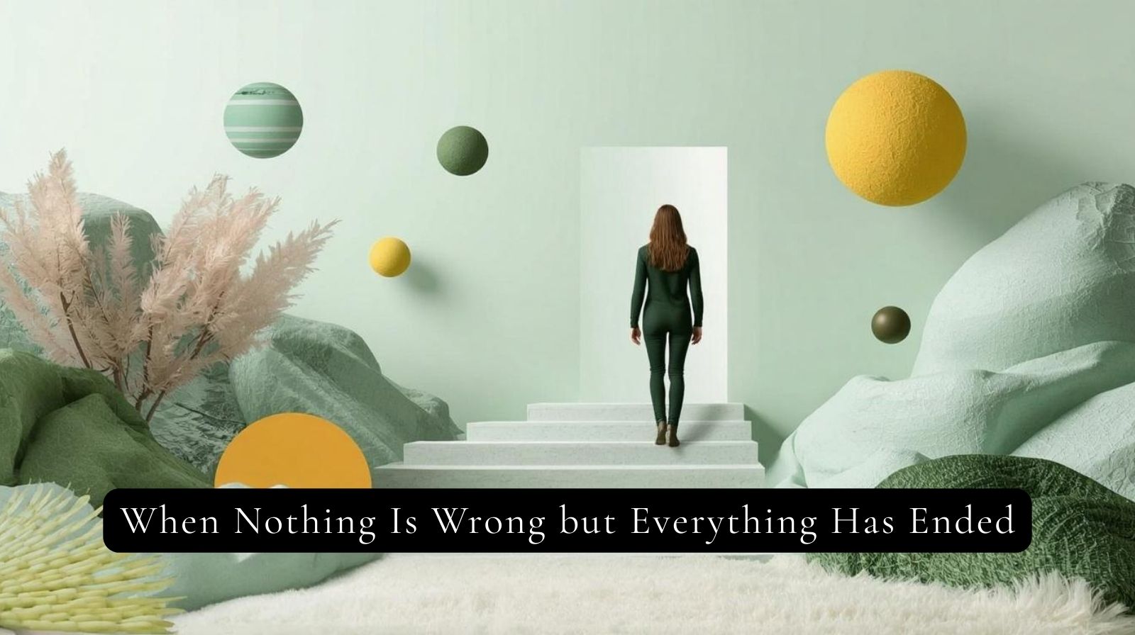 Abstract illustration representing a life transition, showing a person stepping across a threshold into a new phase. Bright, clean colours of soft green, yellow, and light blue convey movement, change, and quiet optimism